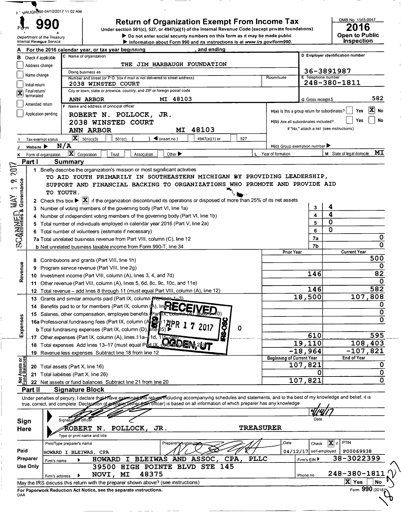 Image of first page of 2016 Form 990 for The Jim Harbaugh Foundation