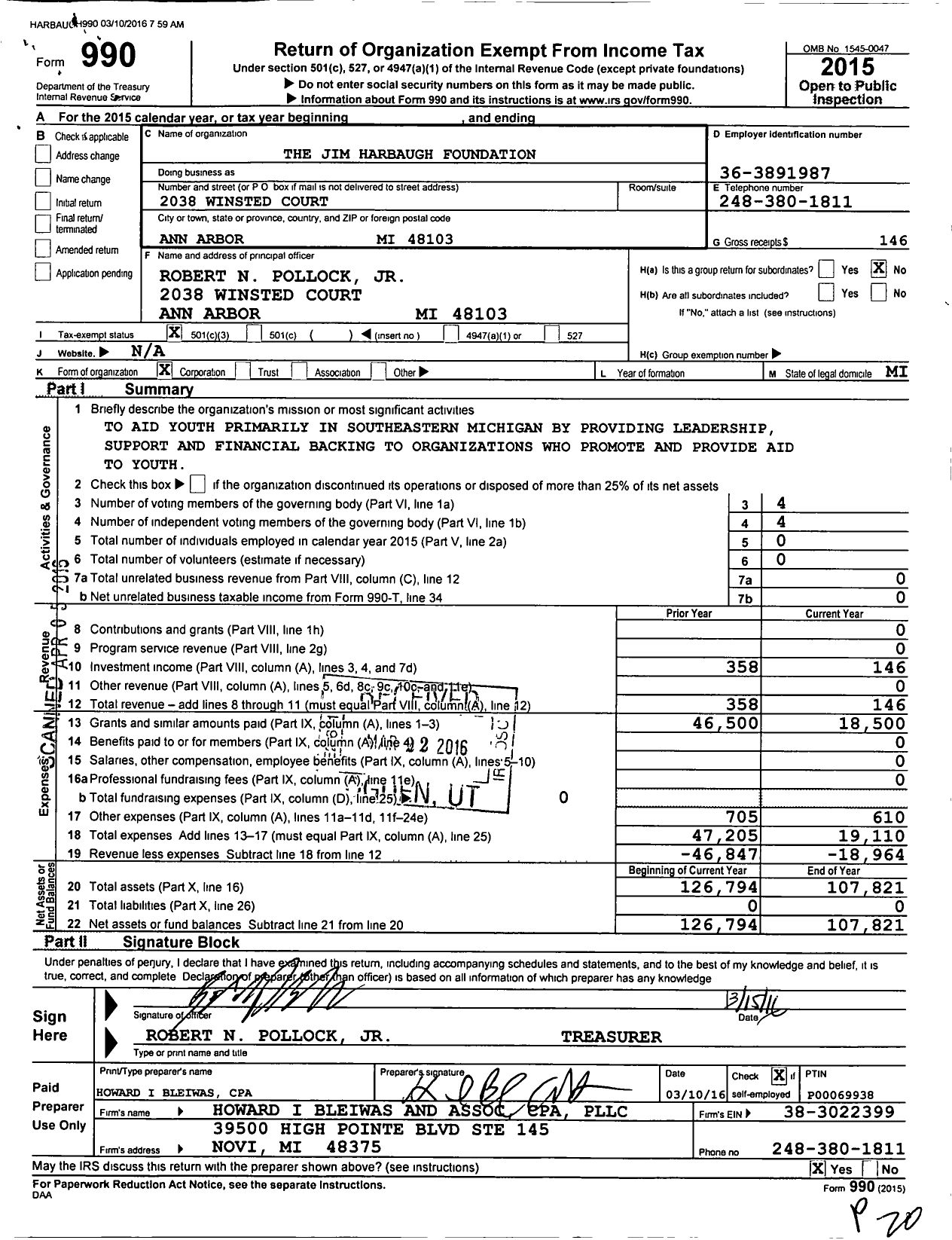 Image of first page of 2015 Form 990 for The Jim Harbaugh Foundation