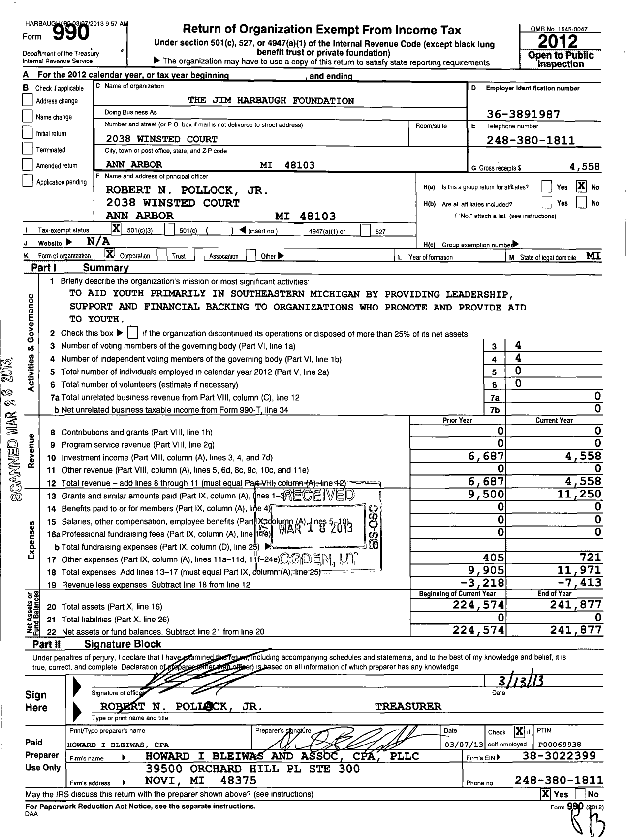 Image of first page of 2012 Form 990 for The Jim Harbaugh Foundation