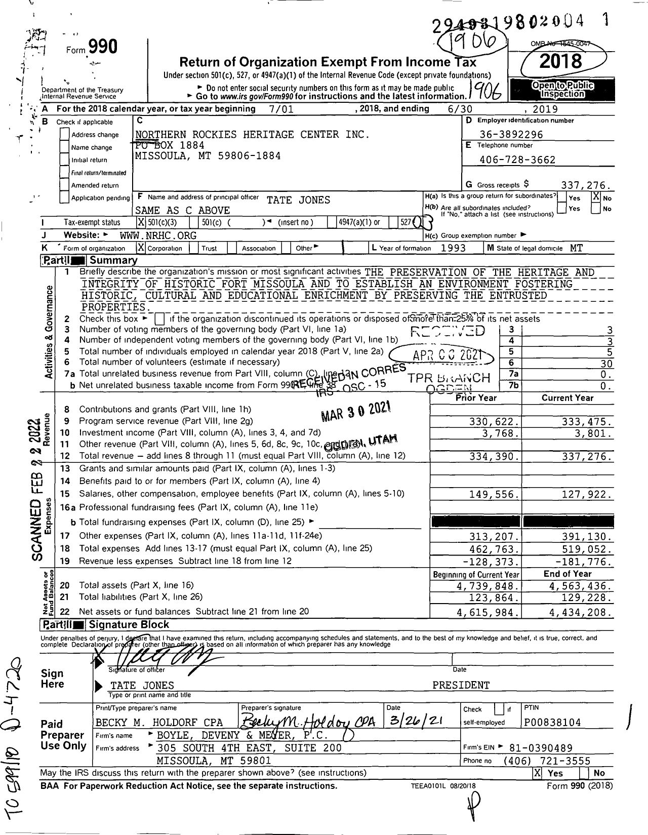 Image of first page of 2018 Form 990 for Northern Rockies Heritage Center