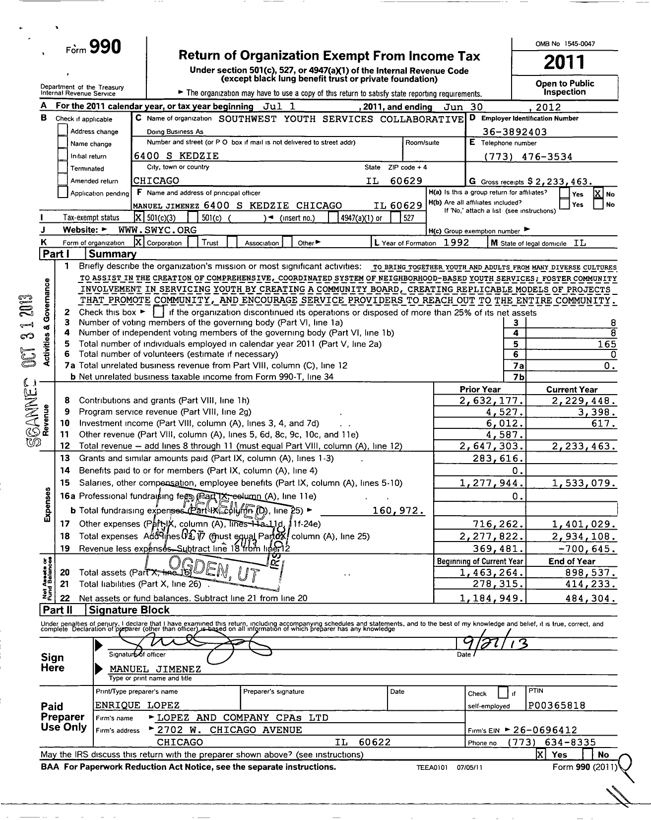 Image of first page of 2011 Form 990 for Southwest Youth Services Collaborative