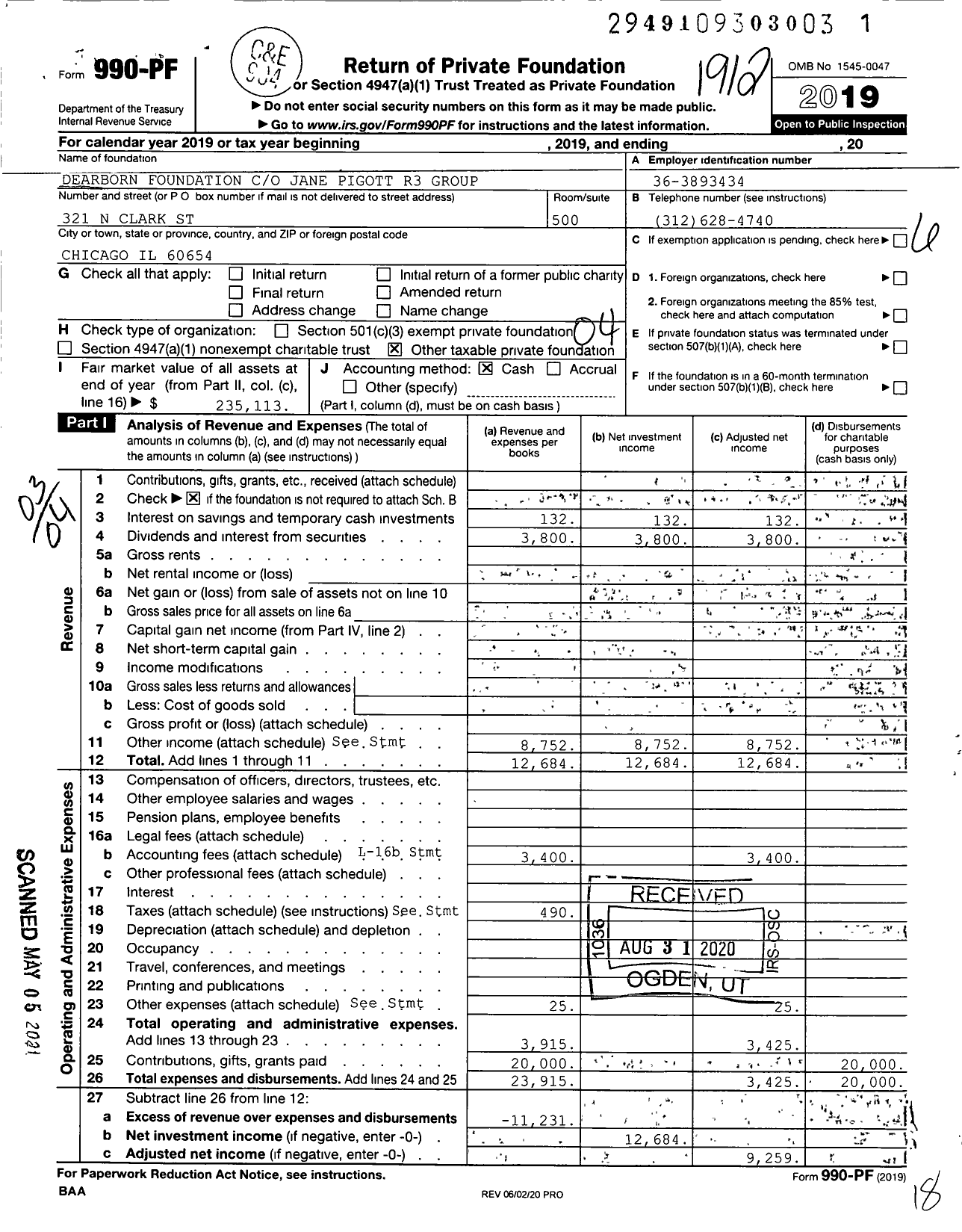 Image of first page of 2019 Form 990PF for Dearborn Foundation Jane Pigott