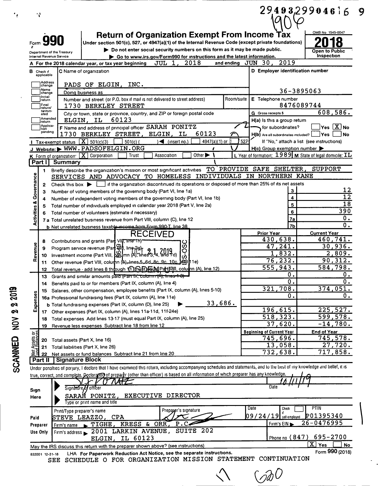 Image of first page of 2018 Form 990 for Pads of Elgin