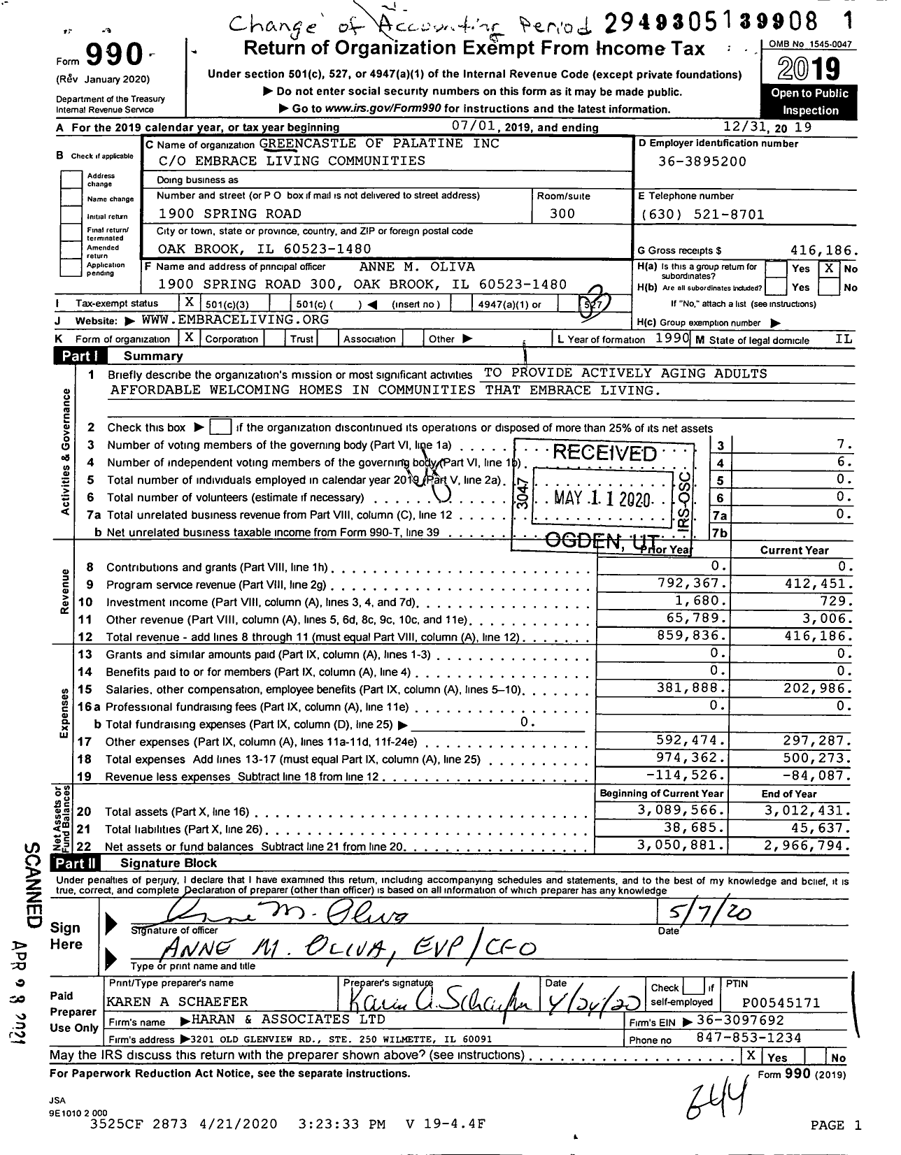 Image of first page of 2019 Form 990 for Greencastle of Palatine