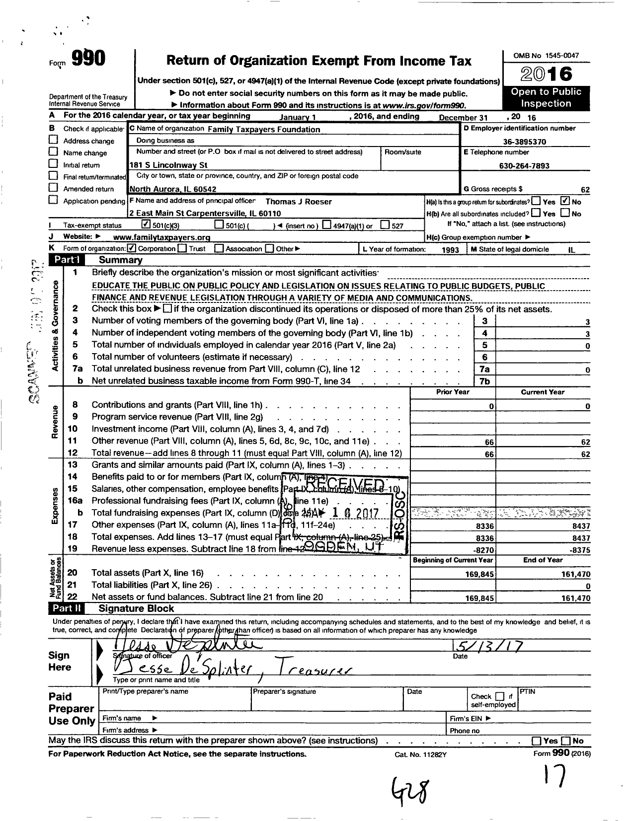 Image of first page of 2016 Form 990 for Family Taxpayers Foundation