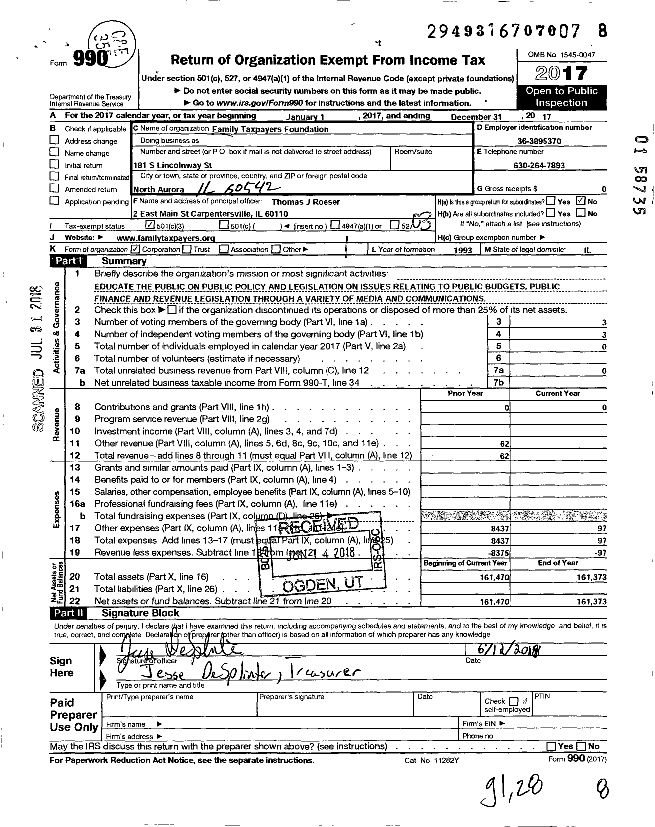 Image of first page of 2017 Form 990 for Family Taxpayers Foundation