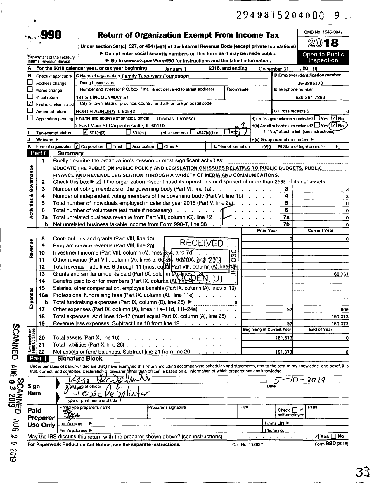 Image of first page of 2018 Form 990 for Family Taxpayers Foundation