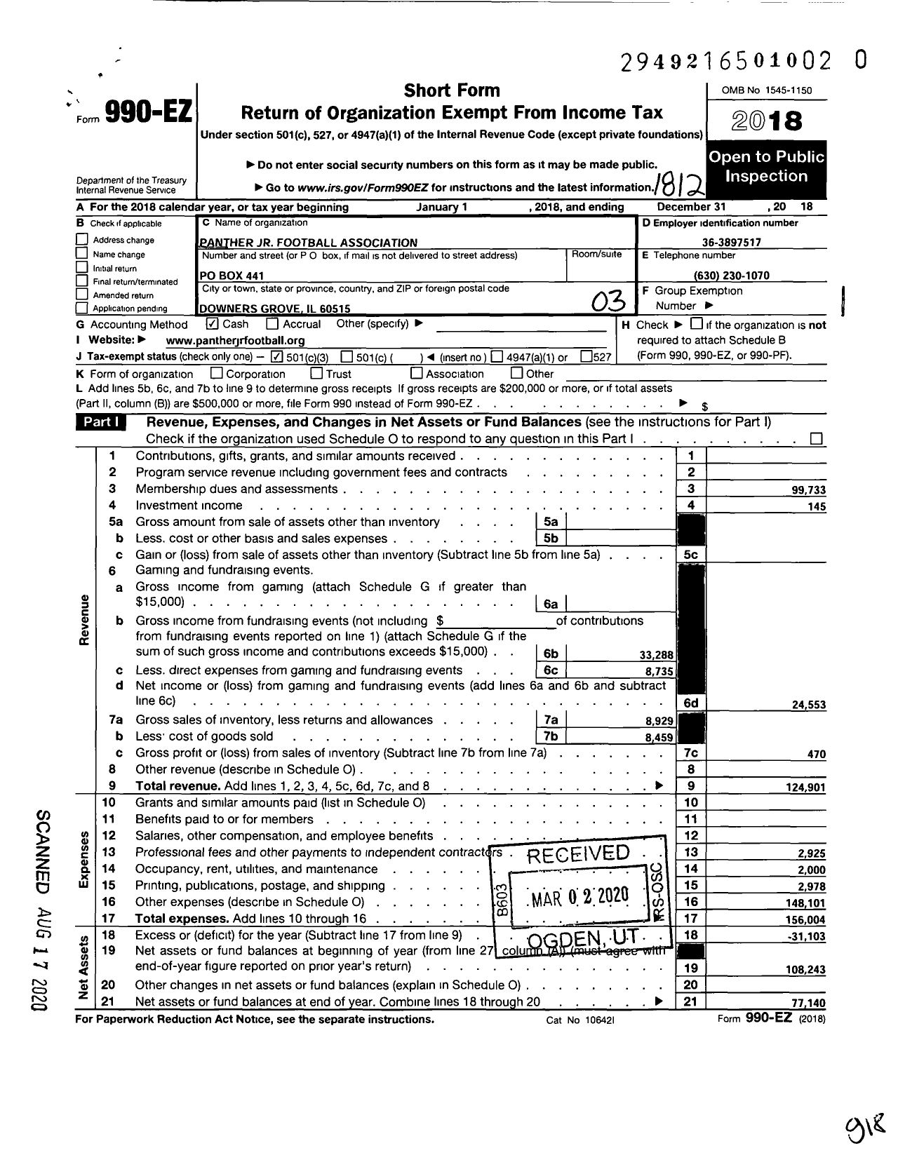 Image of first page of 2018 Form 990EZ for Panther JR Football Association