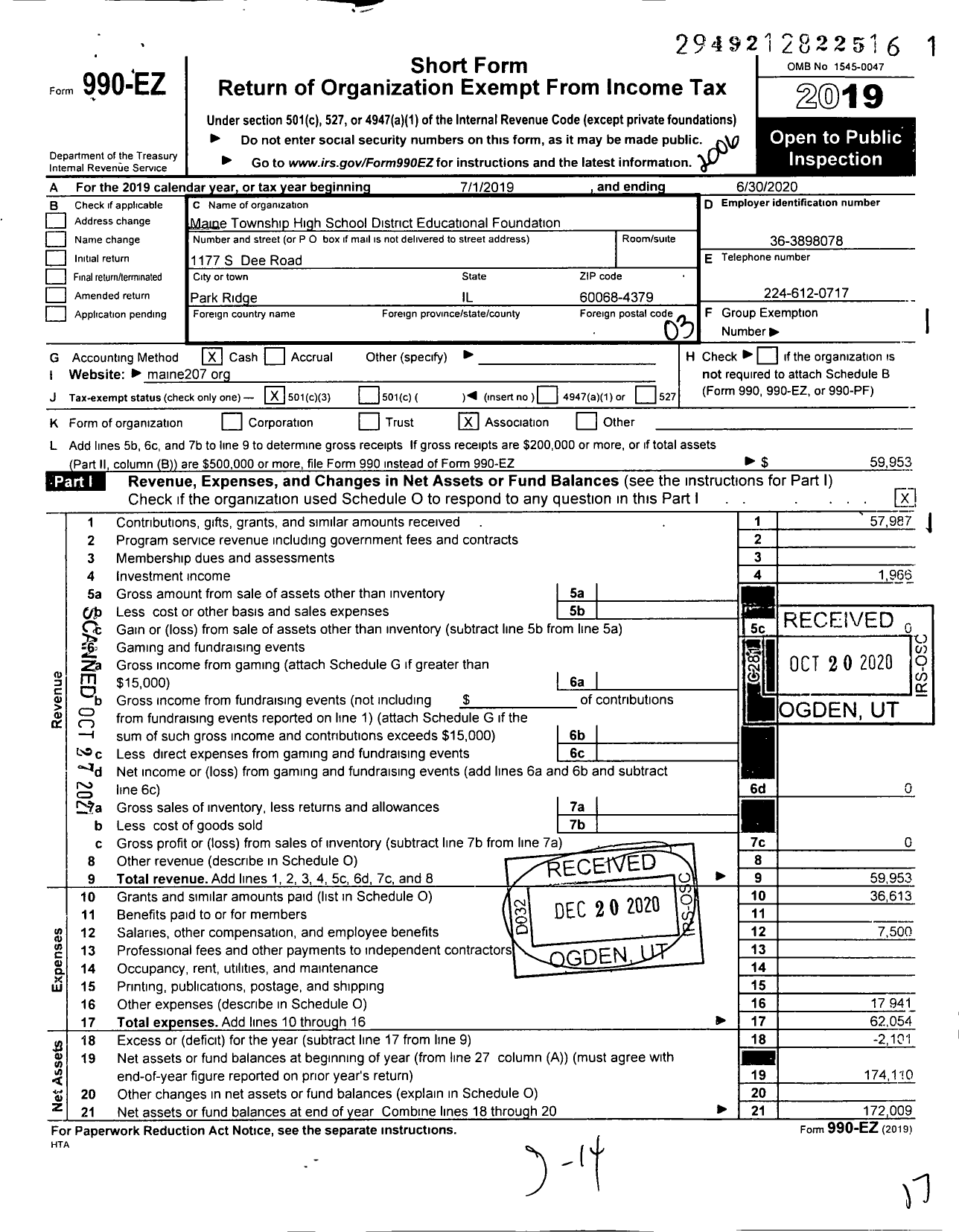 Image of first page of 2019 Form 990EZ for Maine Township High School District Educational Foundation