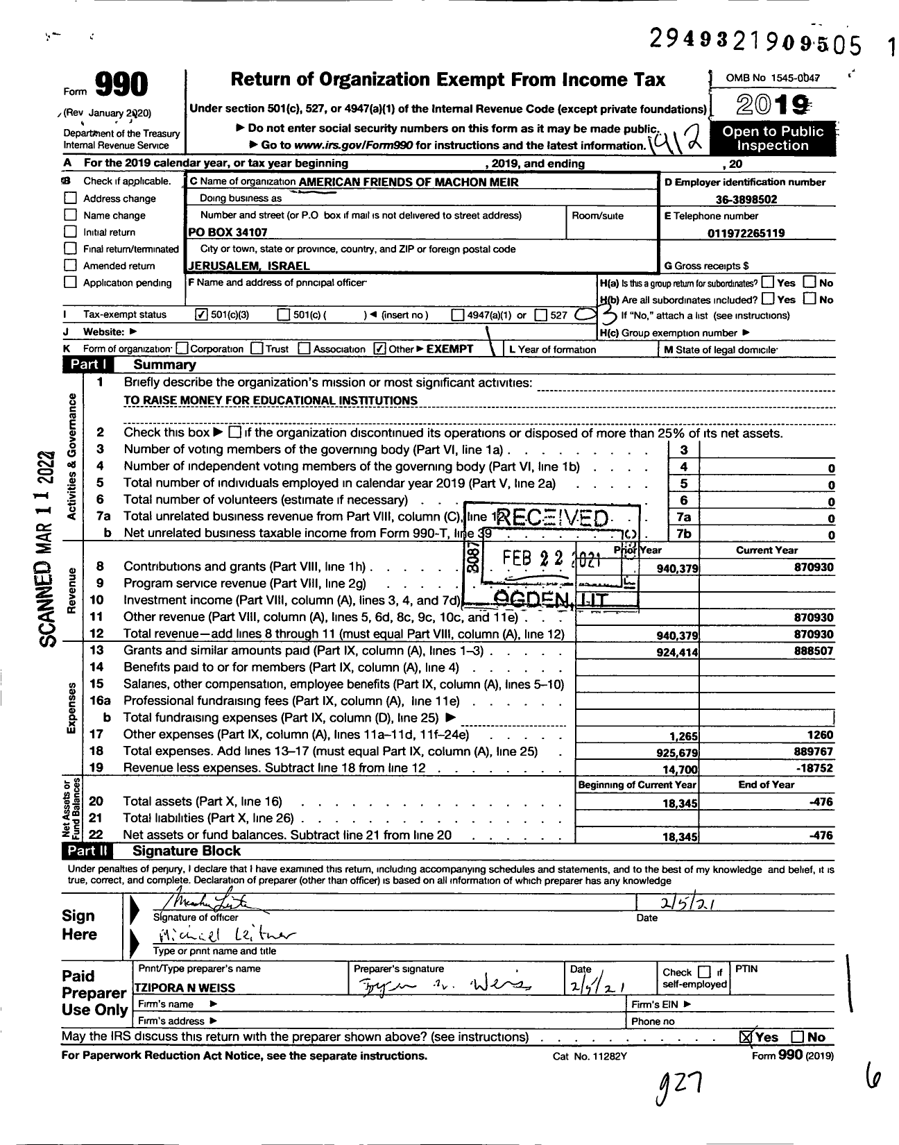 Image of first page of 2019 Form 990 for American Friends of Machon Meir