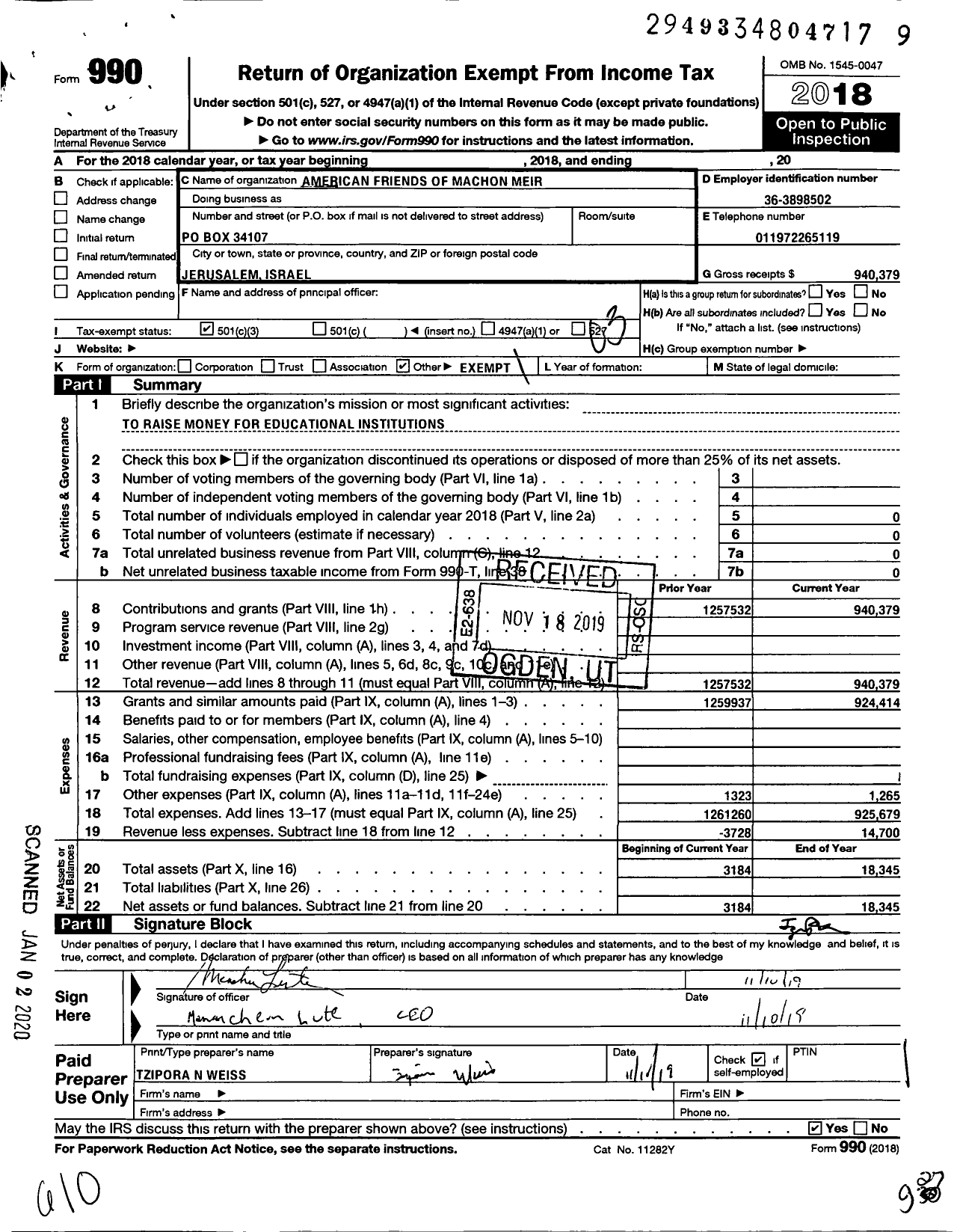 Image of first page of 2018 Form 990 for American Friends of Machon Meir