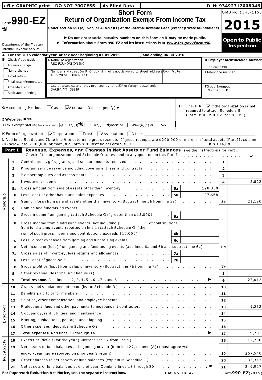 Image of first page of 2015 Form 990EZ for RSC Foundation