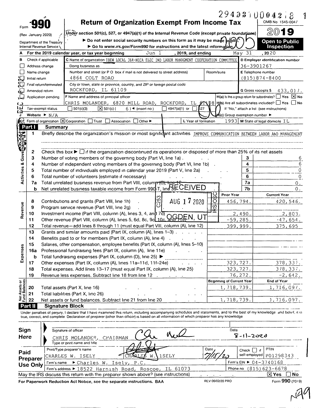 Image of first page of 2019 Form 990O for IBEW Local 364-neca Elec Ind Labor Management Cooperation Committee