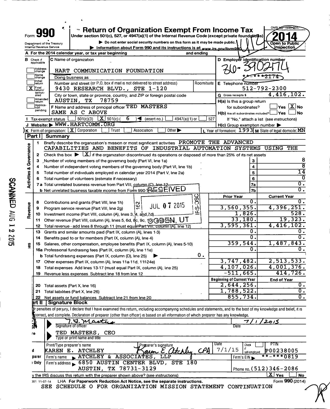 Image of first page of 2014 Form 990O for Hart Communication Foundation