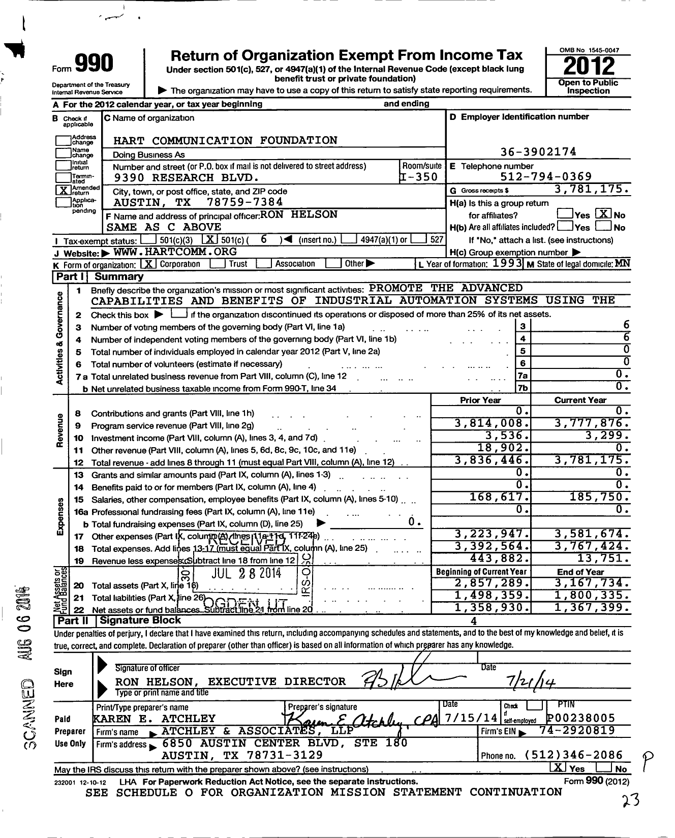 Image of first page of 2012 Form 990O for Hart Communication Foundation