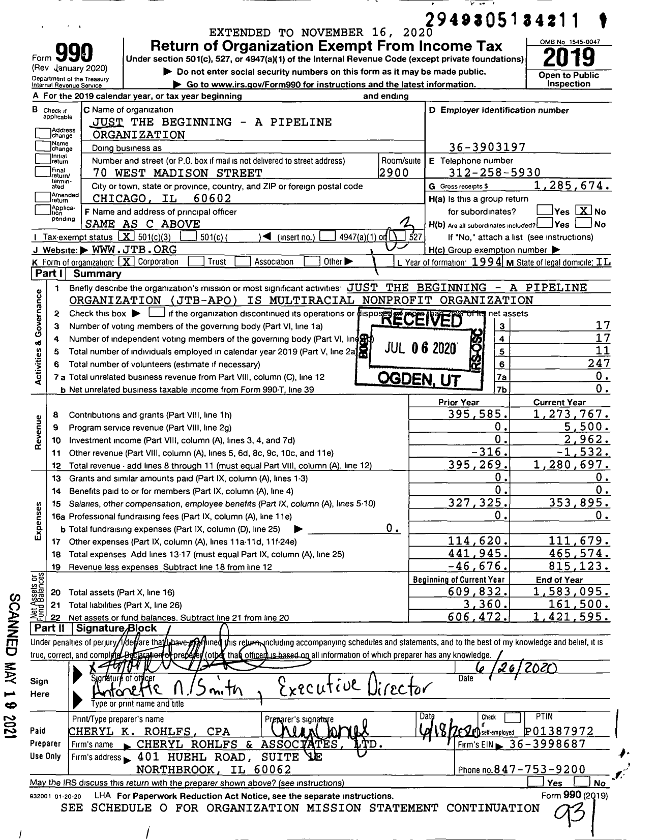 Image of first page of 2019 Form 990 for Just The Beginning - A Pipeline Organization