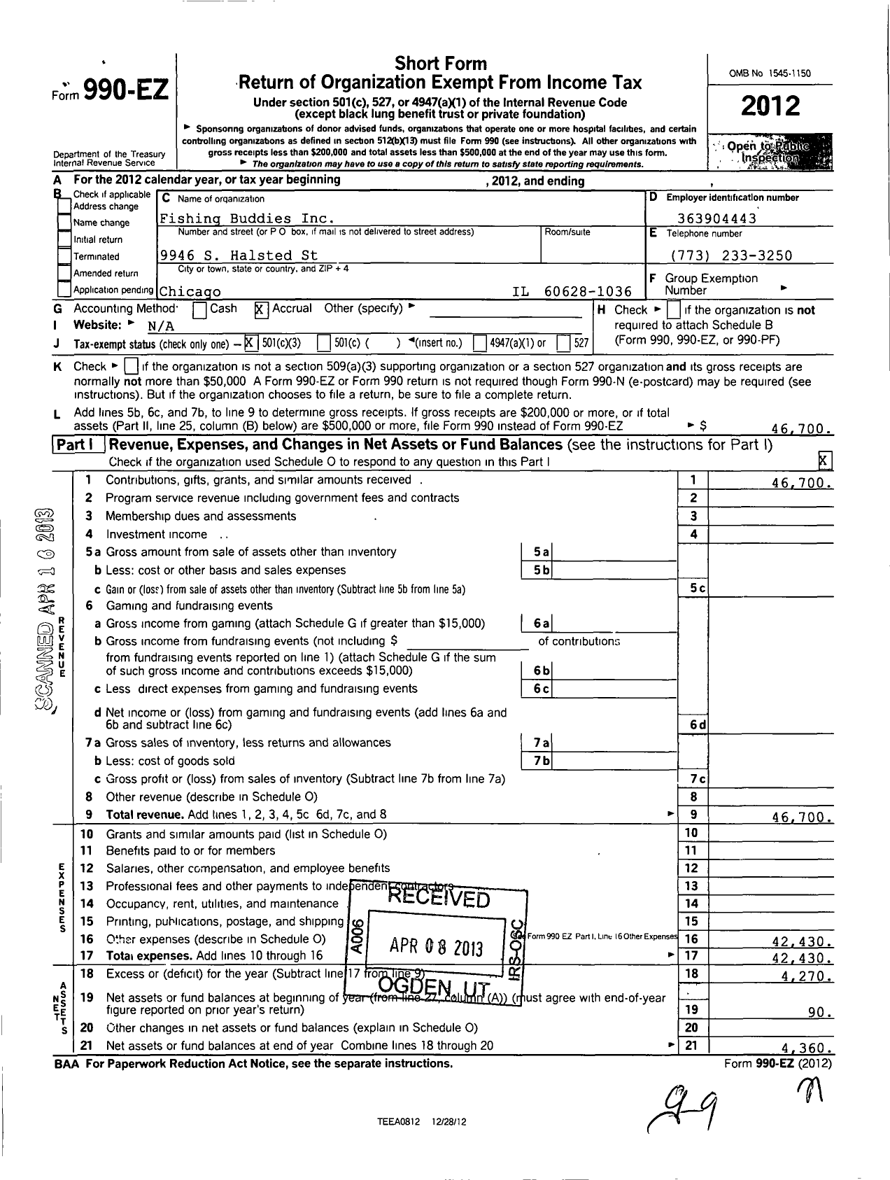 Image of first page of 2012 Form 990EZ for Fishing Buddies