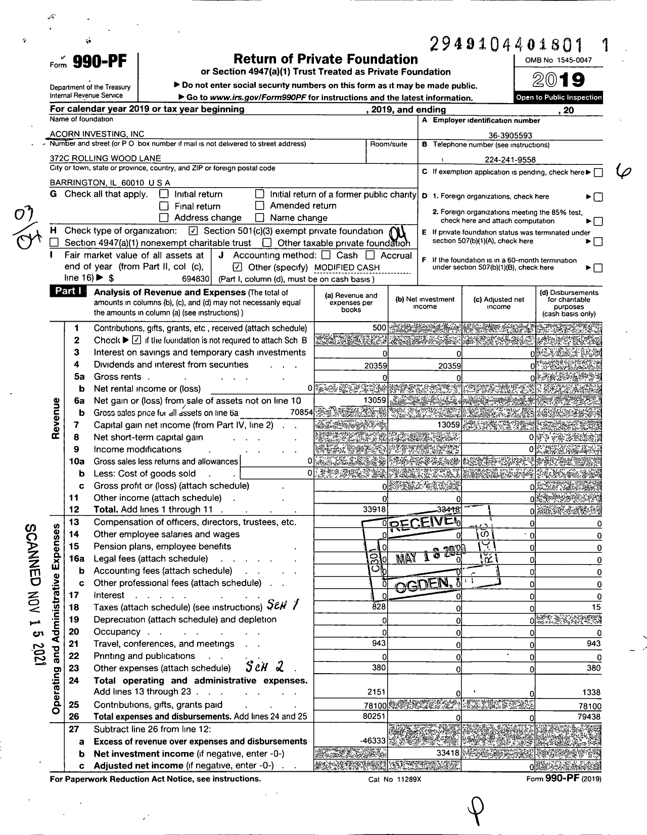 Image of first page of 2019 Form 990PF for Acorn Investing