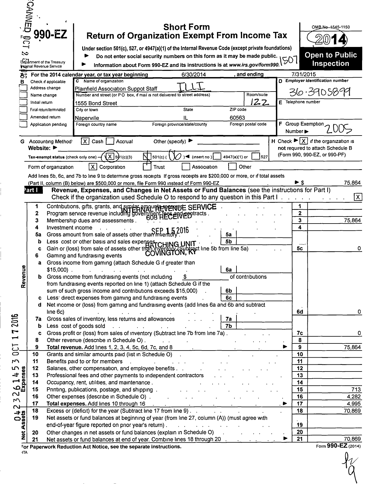 Image of first page of 2014 Form 990EO for Illinois Education Association - Plainfield Assoc of Support Staff