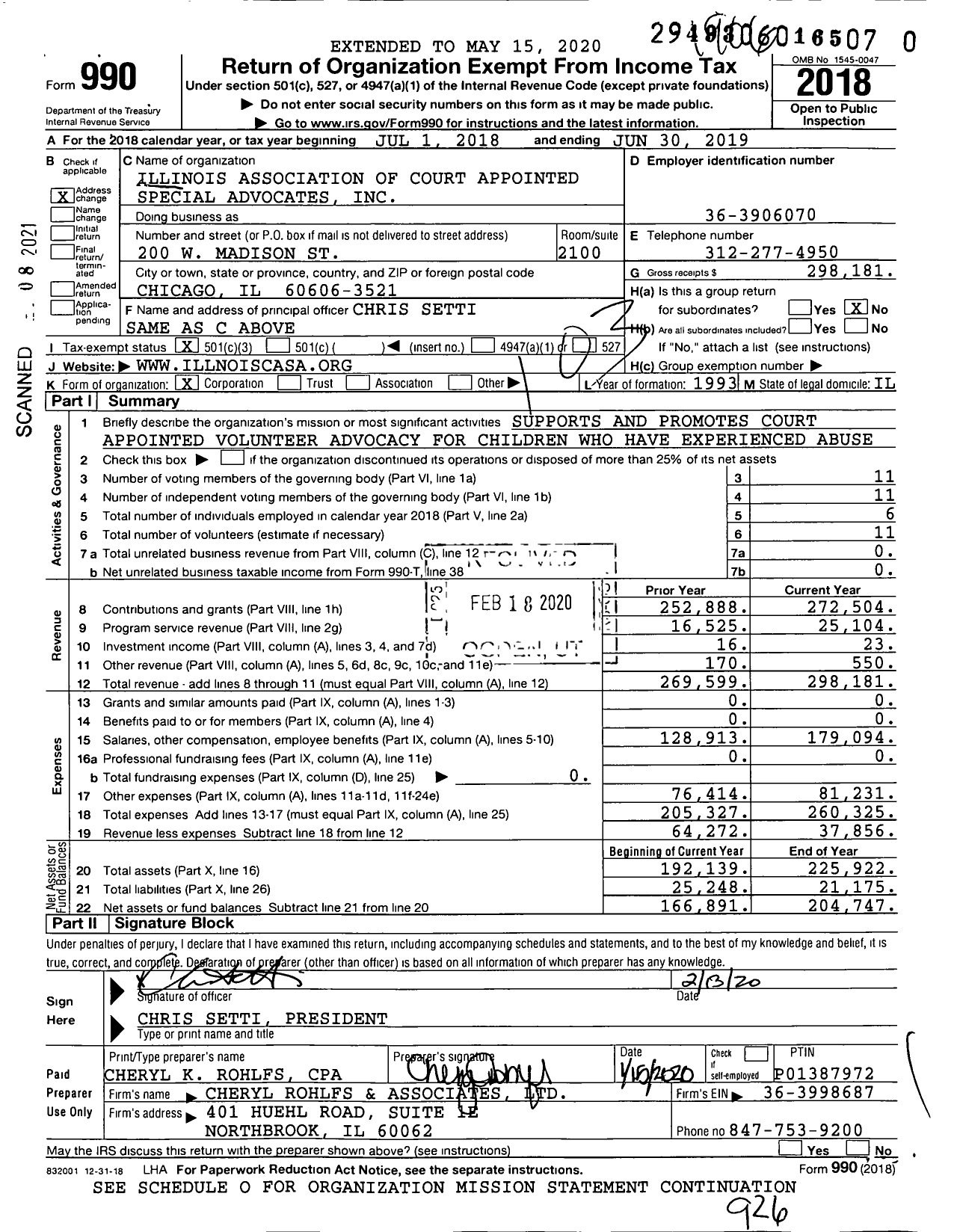 Image of first page of 2018 Form 990 for Illinois Association of Court Appointed Special Advocates