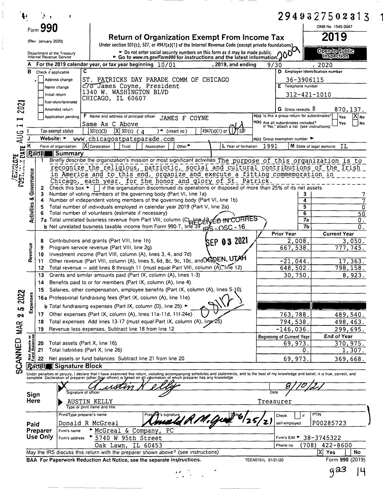 Image of first page of 2019 Form 990O for St Patricks Day Parade Comm of Chicago