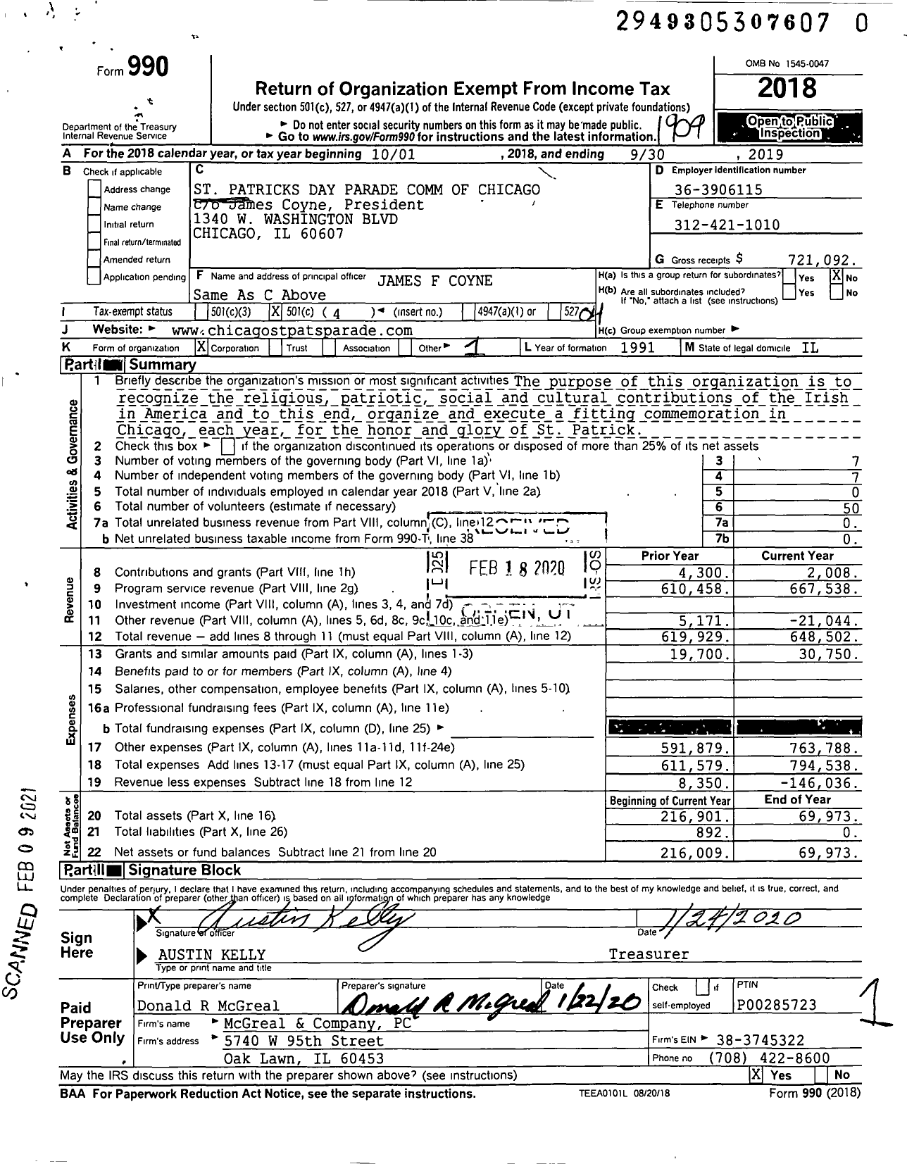 Image of first page of 2018 Form 990O for St Patricks Day Parade Comm of Chicago