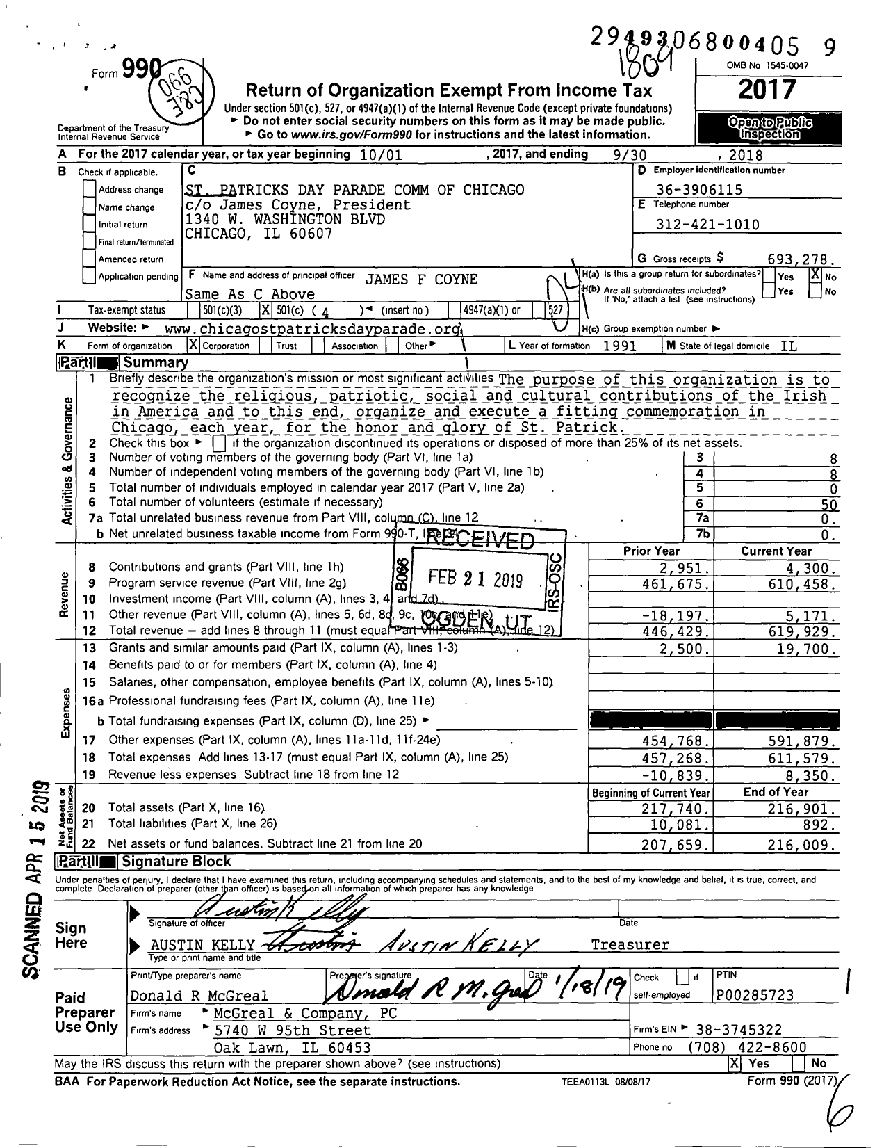Image of first page of 2017 Form 990O for St Patricks Day Parade Comm of Chicago
