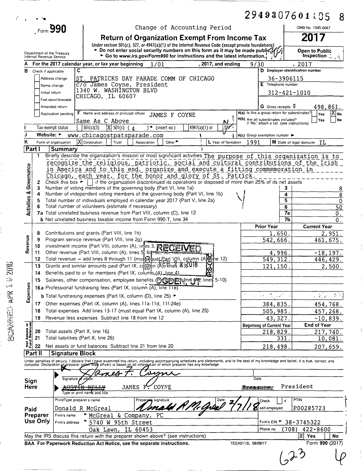 Image of first page of 2016 Form 990O for St Patricks Day Parade Comm of Chicago