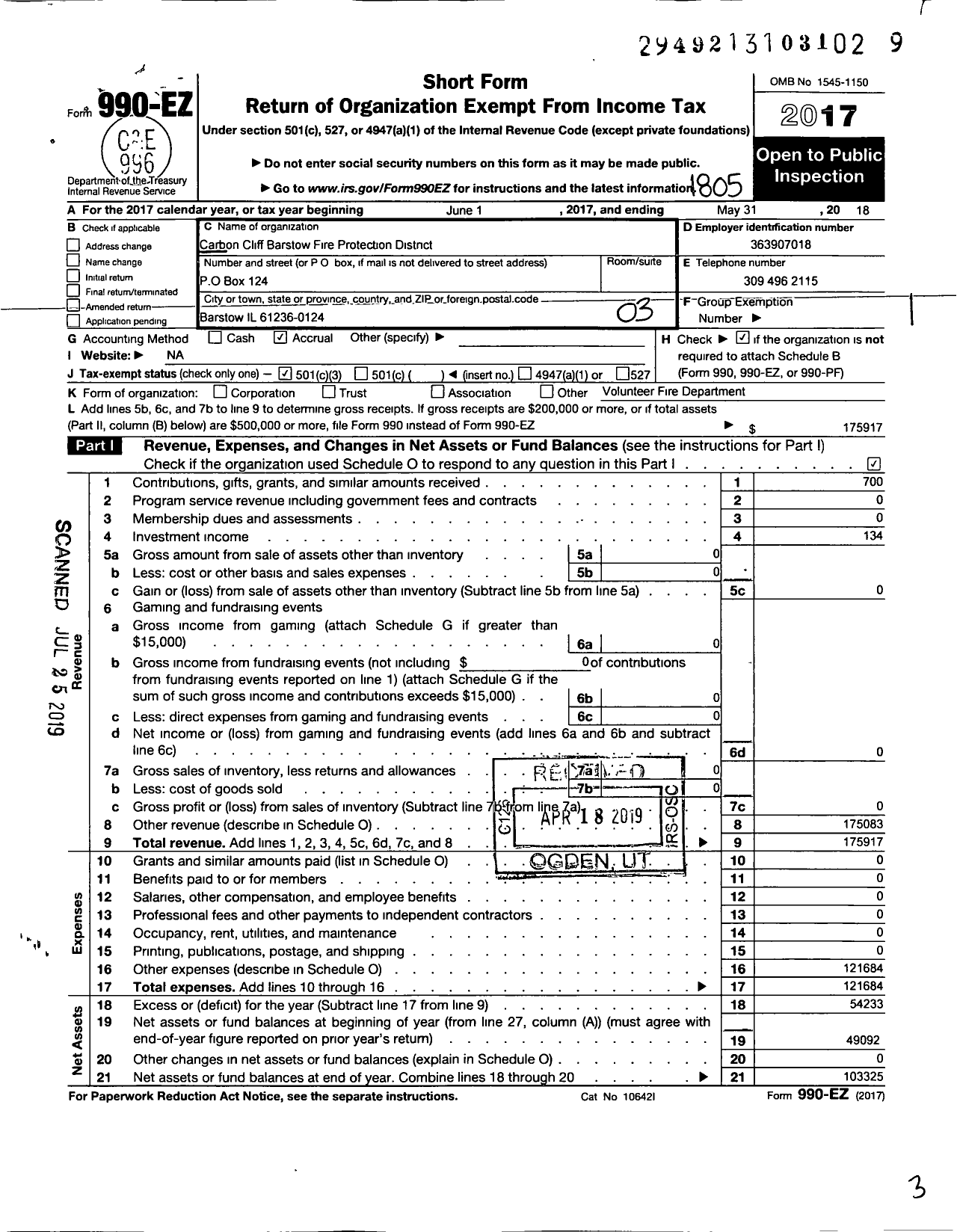 Image of first page of 2017 Form 990EZ for Carbon Cliff Barstow Fire Protection District