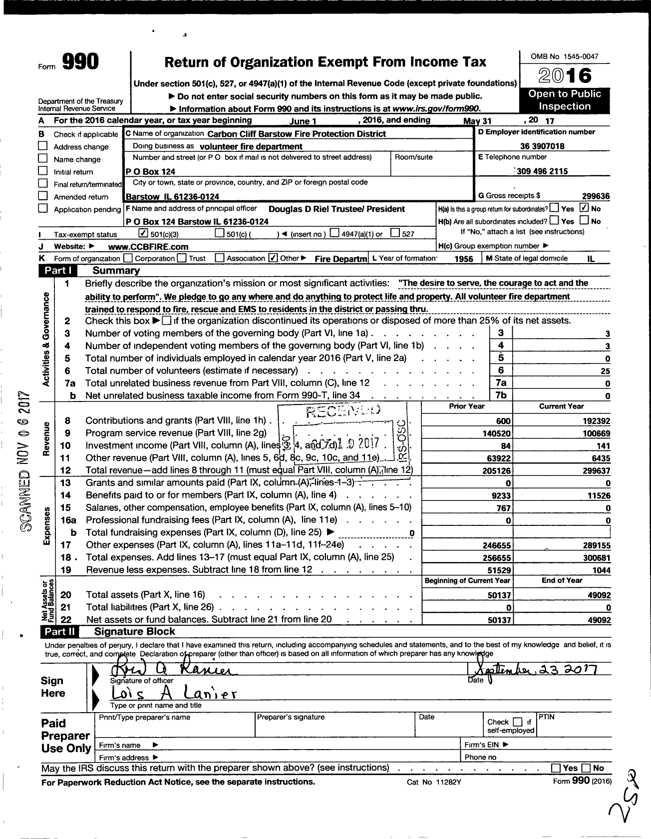 Image of first page of 2016 Form 990 for Carbon Cliff Barstow Fire Protection District