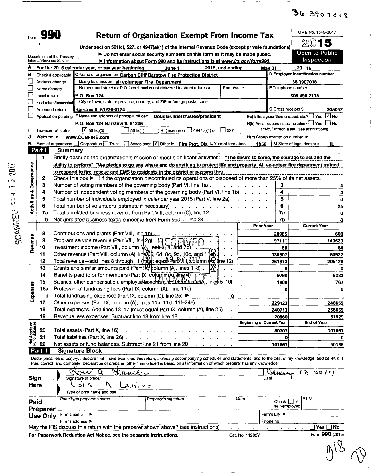 Image of first page of 2015 Form 990 for Carbon Cliff Barstow Fire Protection District