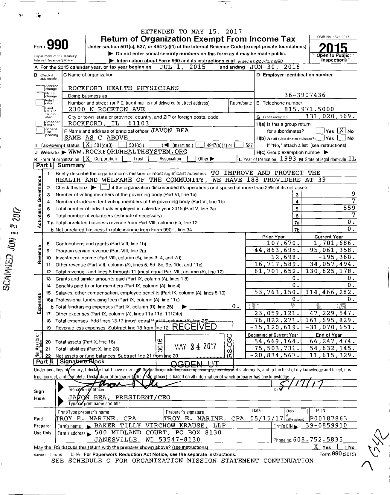 Image of first page of 2015 Form 990 for Mercyhealth Physicians