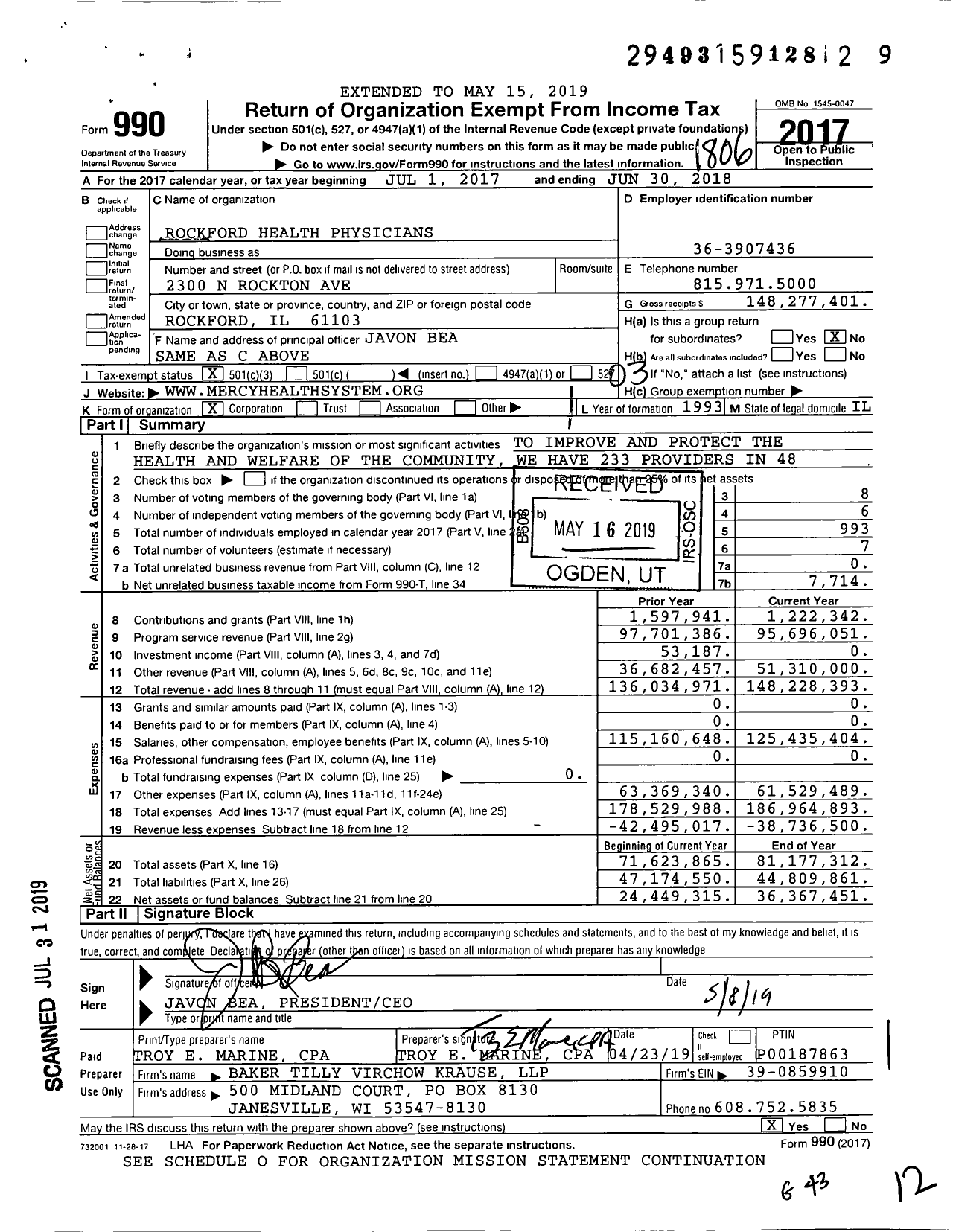 Image of first page of 2017 Form 990 for Mercyhealth Physicians