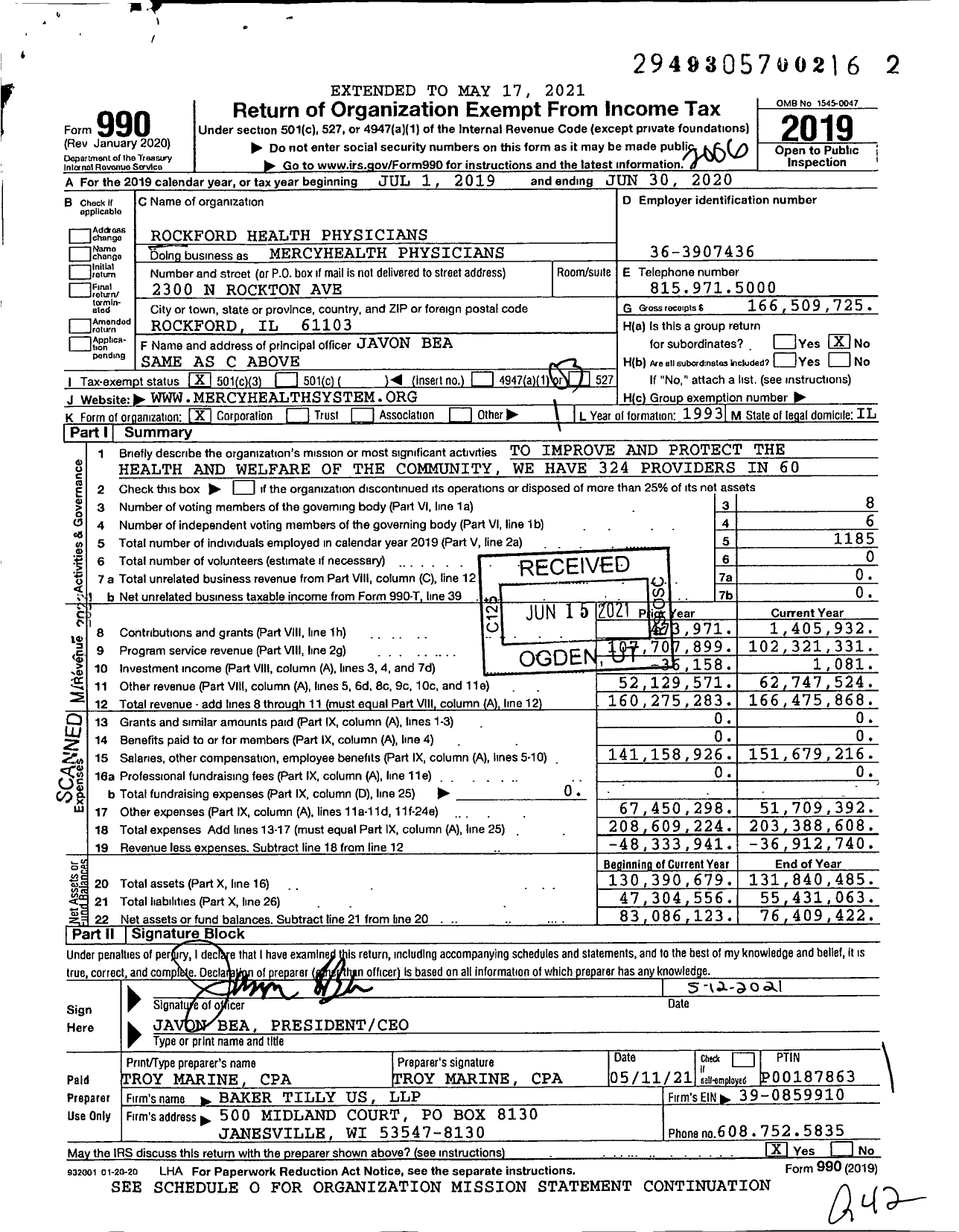 Image of first page of 2019 Form 990 for Mercyhealth Physicians