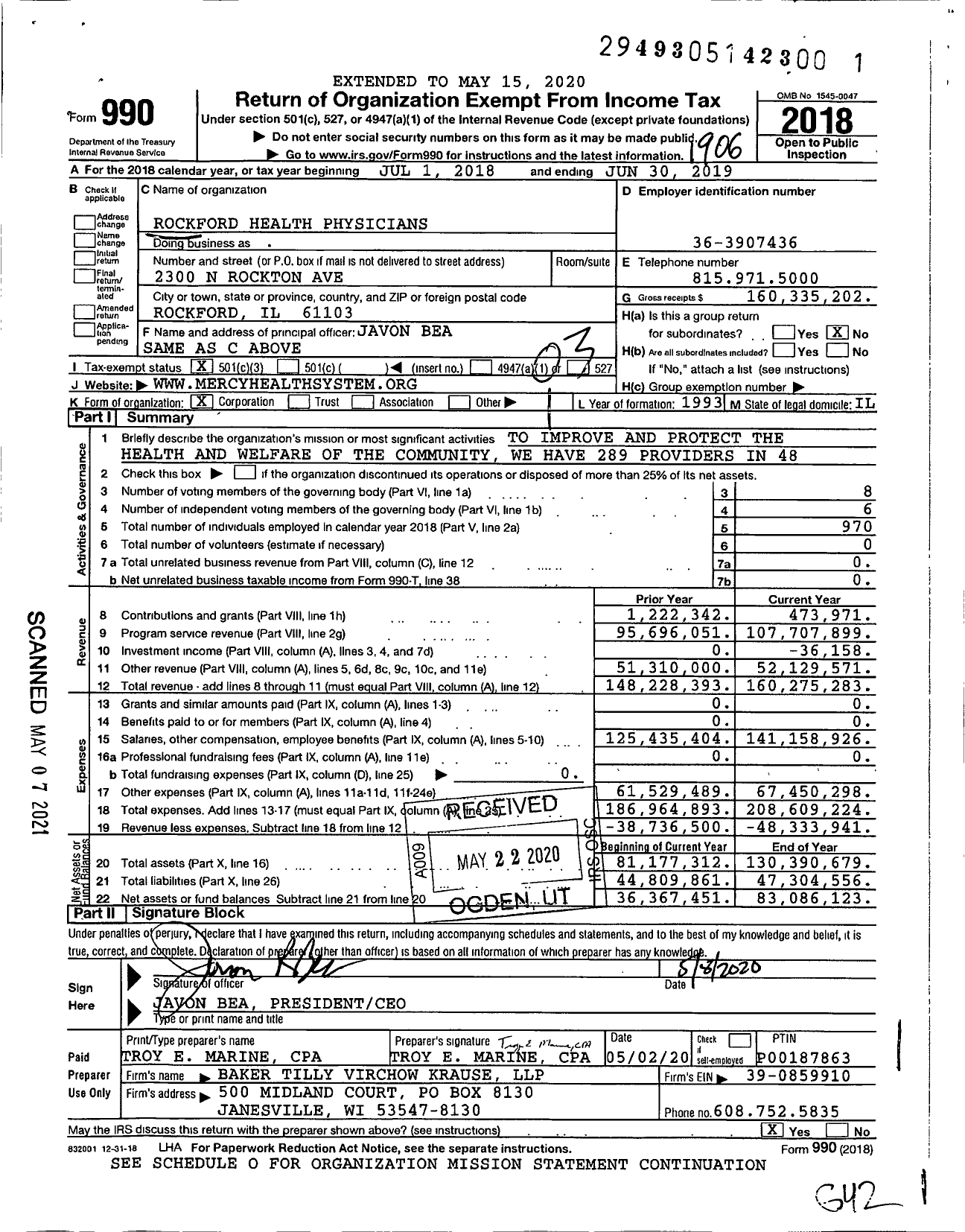 Image of first page of 2018 Form 990 for Mercyhealth Physicians