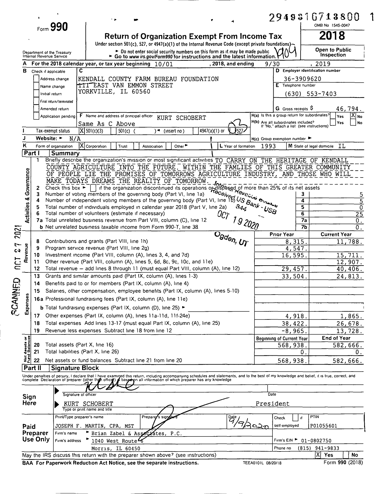 Image of first page of 2018 Form 990 for Kendall County Farm Bureau Foundation