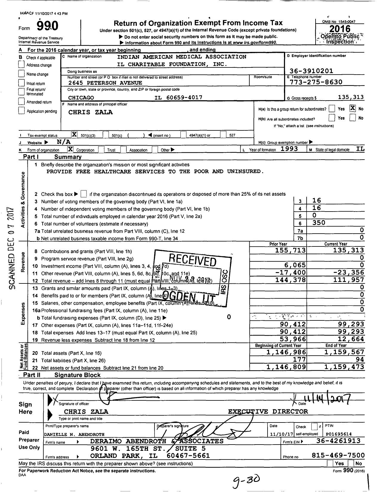 Image of first page of 2016 Form 990 for Indian American Medical Association IL Charitable Foundation