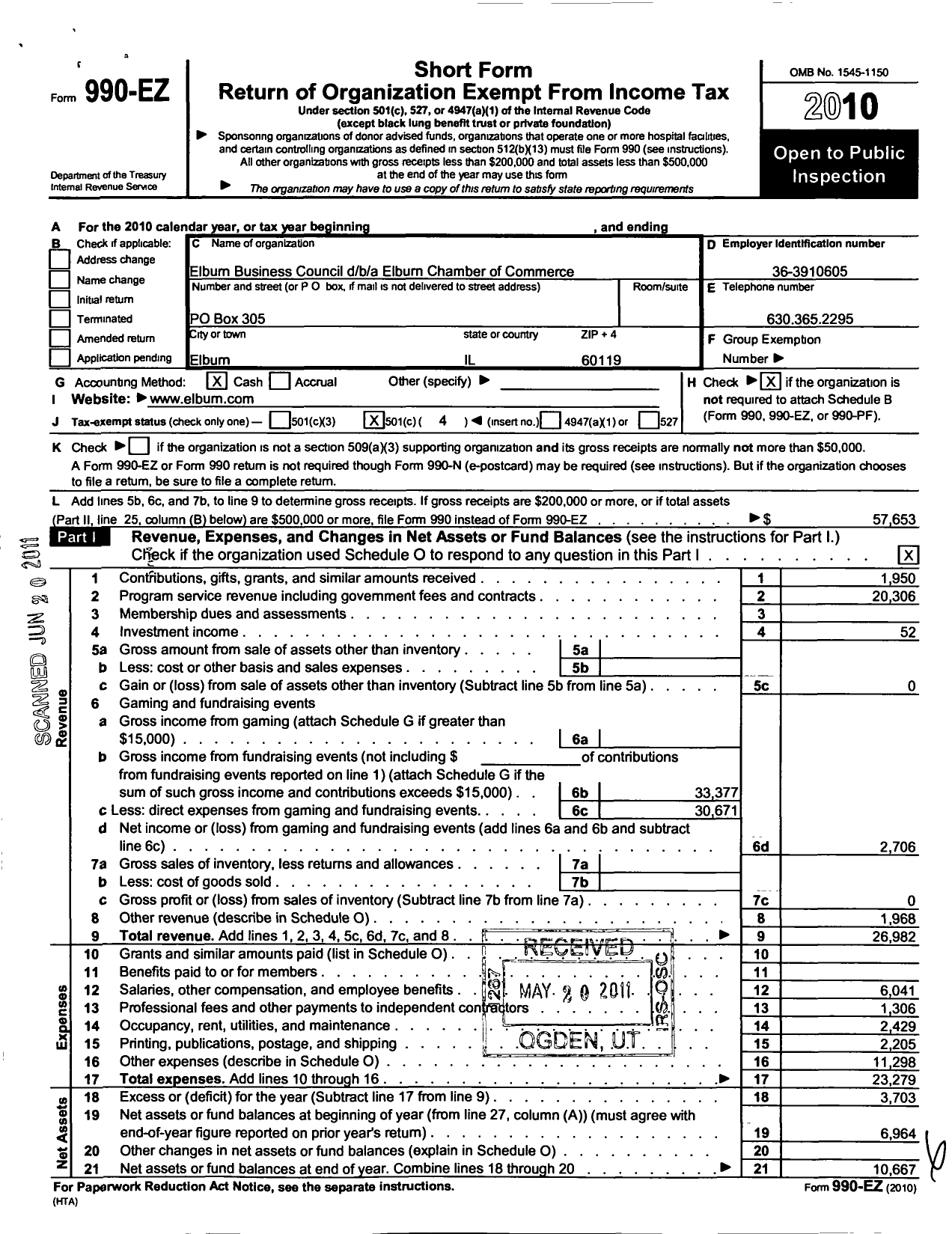 Image of first page of 2010 Form 990EO for Elburn Chamber of Commerce