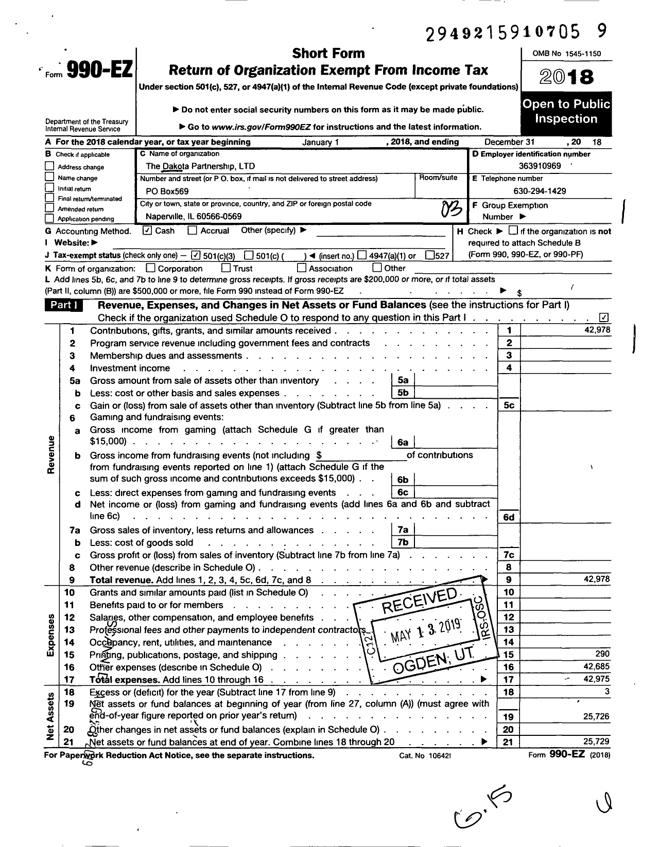Image of first page of 2018 Form 990EZ for Dakota Partnership