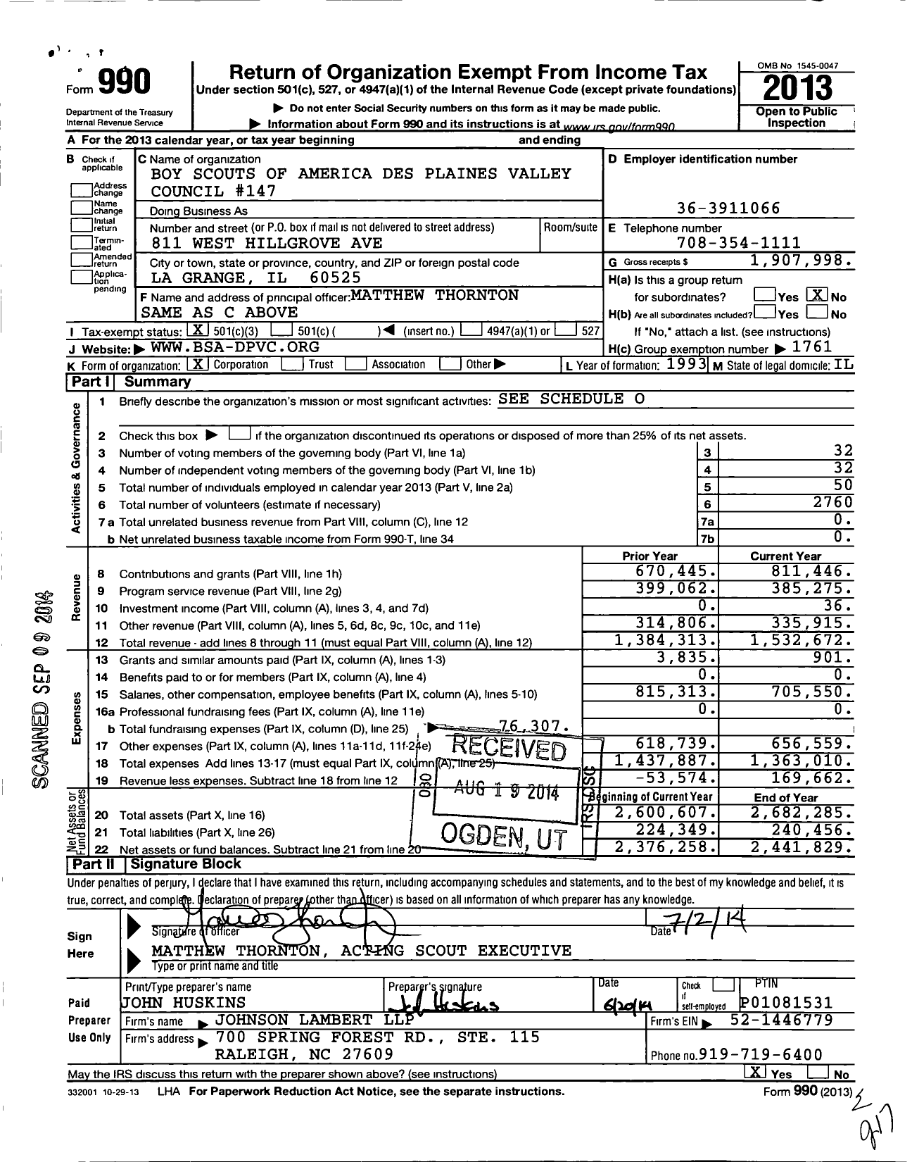 Image of first page of 2013 Form 990 for Boy Scouts of America Des Plaines Valley Council