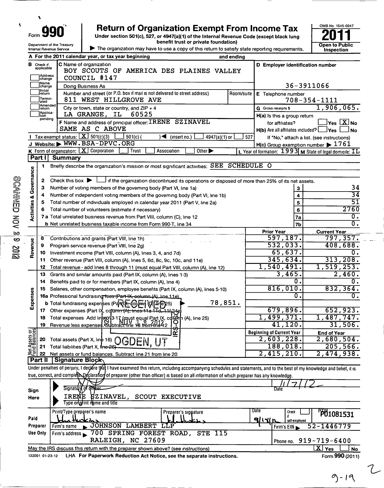 Image of first page of 2011 Form 990 for Boy Scouts of America Des Plaines Valley Council