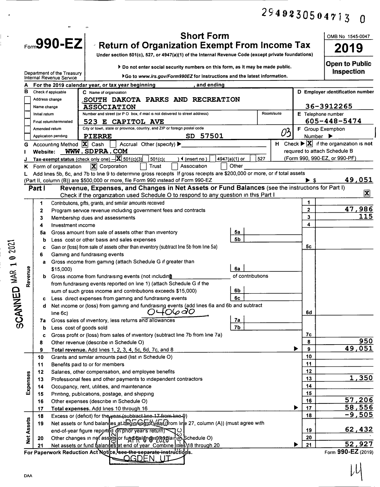 Image of first page of 2019 Form 990EZ for South Dakota Parks and Recreation Association