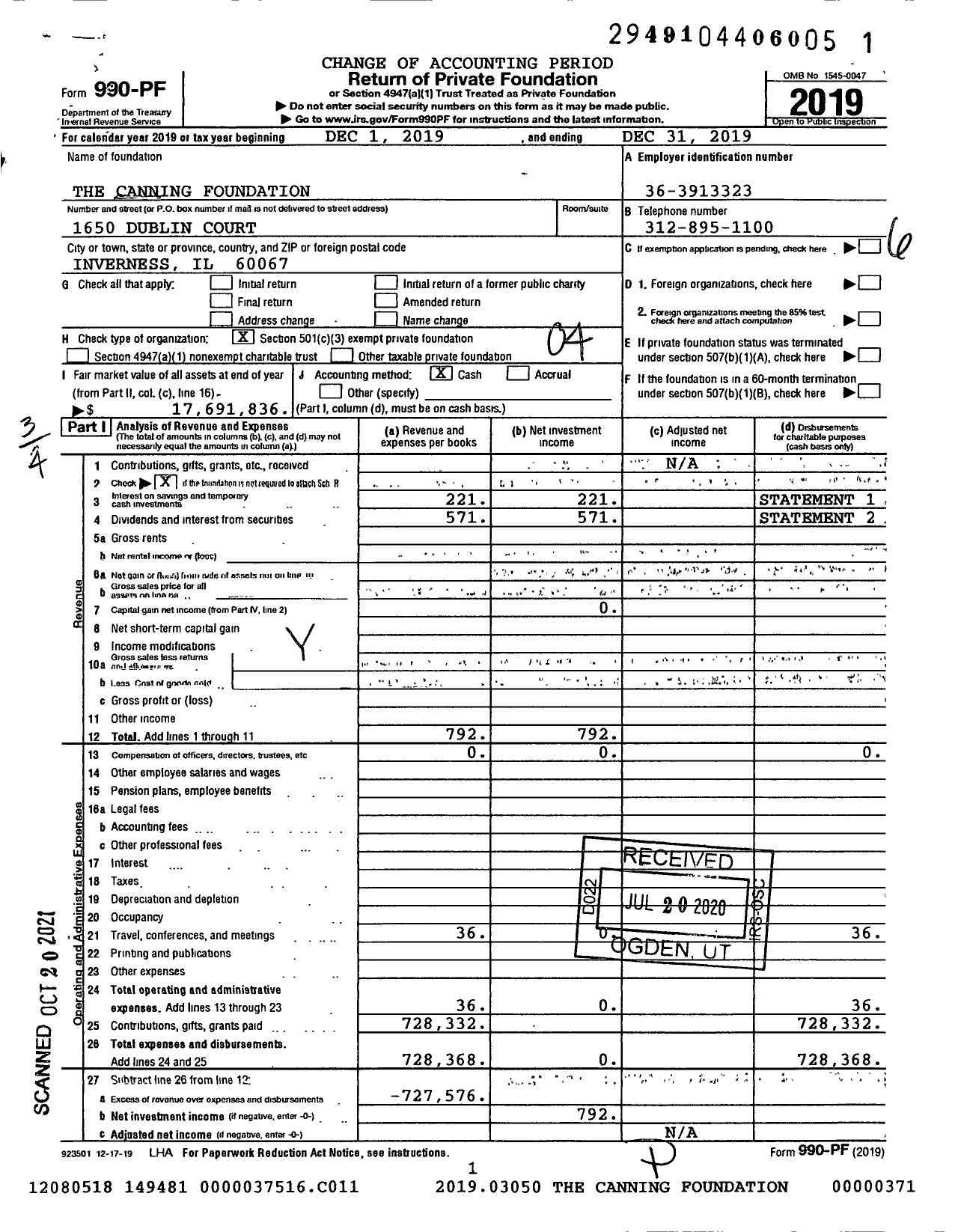 Image of first page of 2019 Form 990PF for Canning Foundation