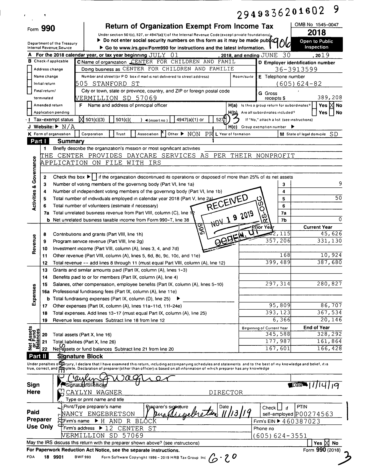 Image of first page of 2018 Form 990 for Center for Children and Families