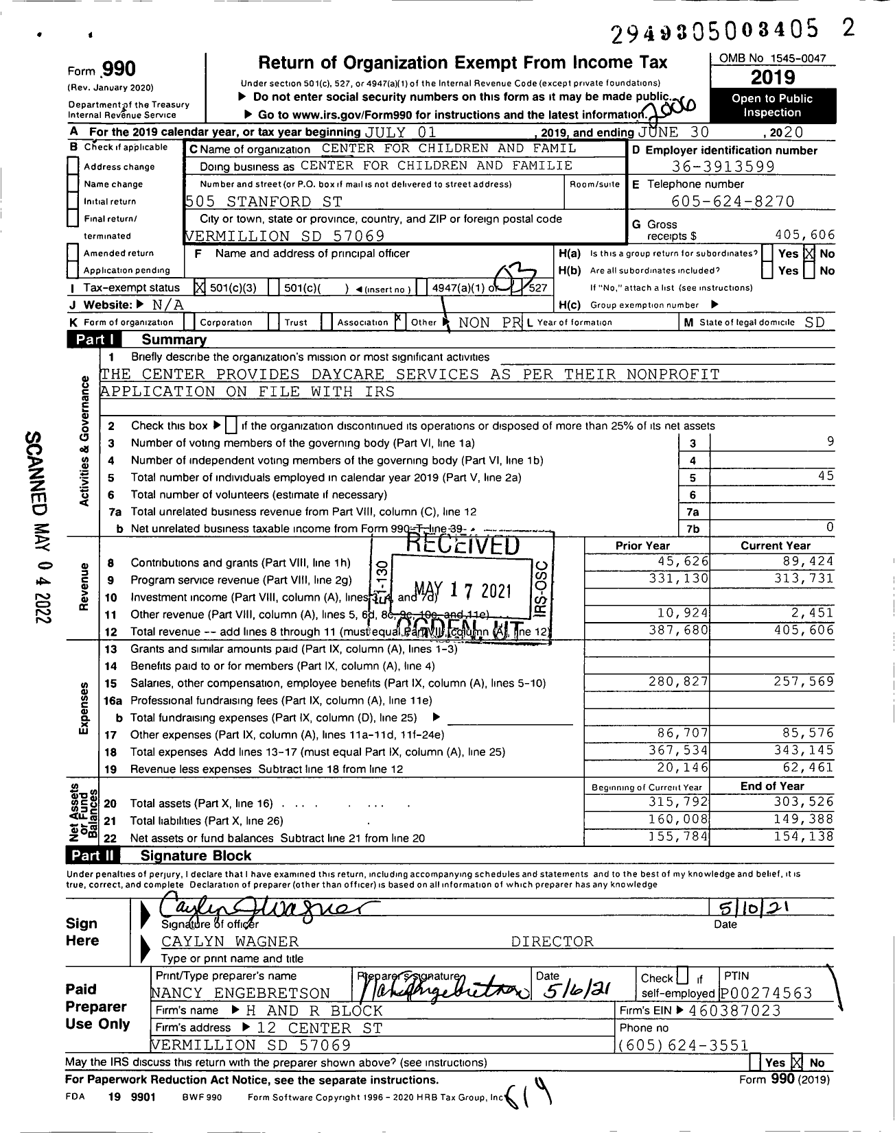 Image of first page of 2019 Form 990 for Center for Children and Families