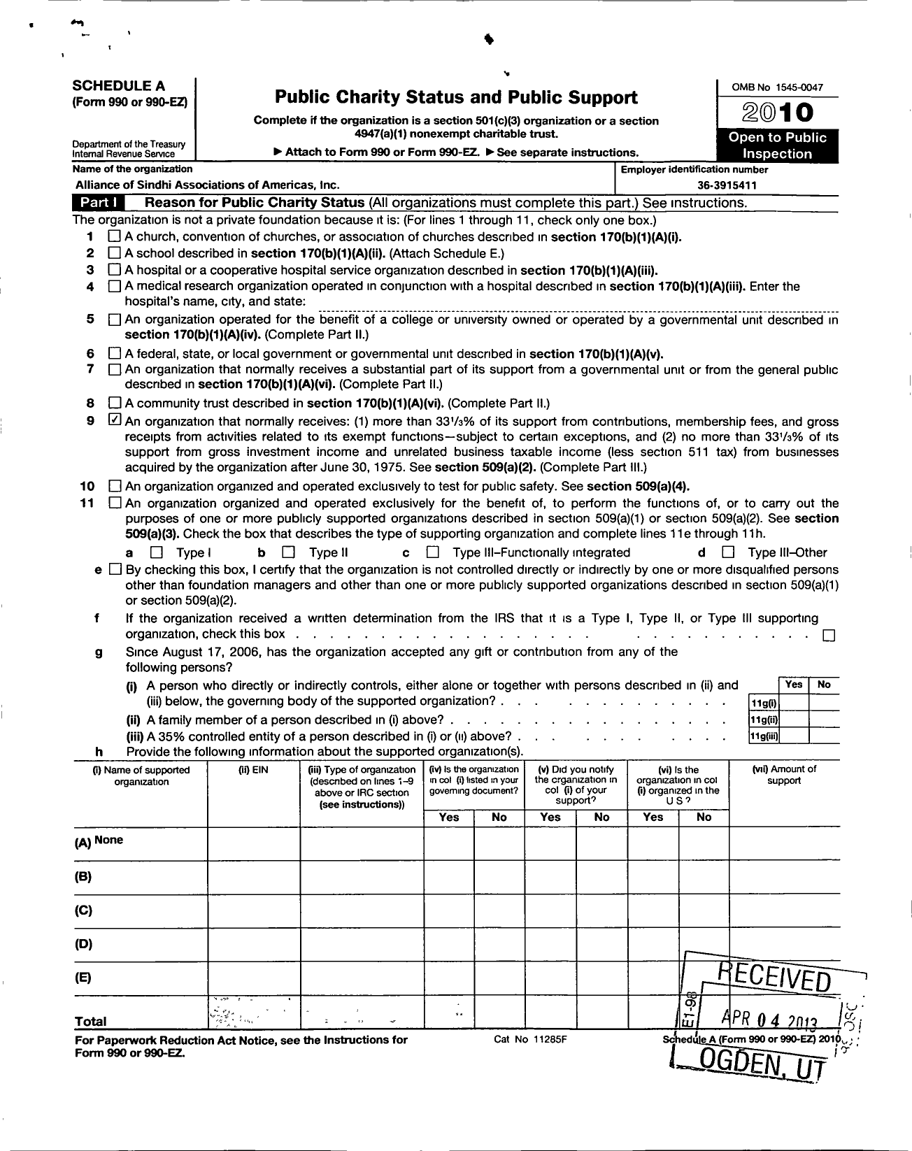 Image of first page of 2010 Form 990ER for Alliance of Global Sindhi Associations