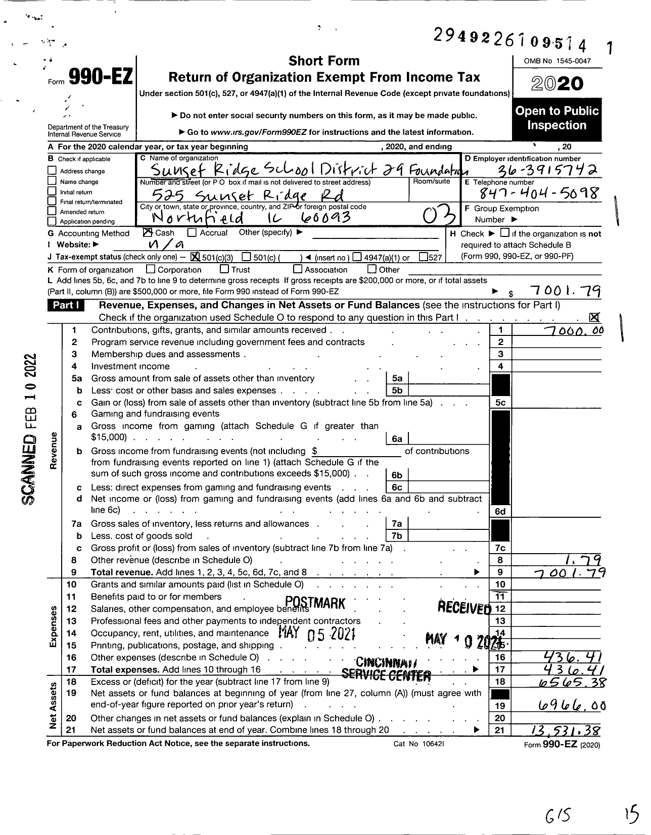 Image of first page of 2020 Form 990EZ for Sunset Ridge School District 29 Foundation