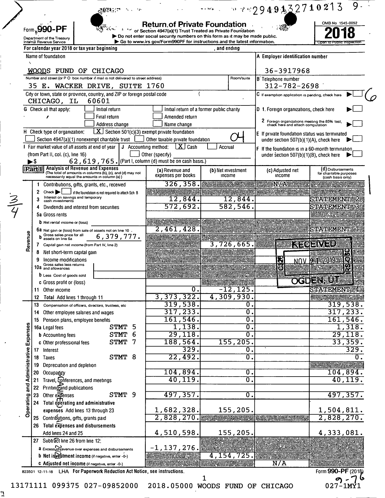 Image of first page of 2018 Form 990PF for Woods Fund of Chicago