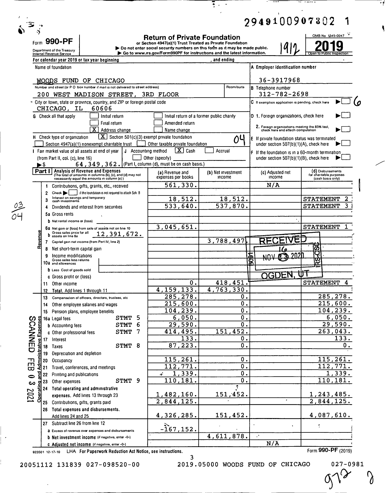 Image of first page of 2019 Form 990PF for Woods Fund of Chicago