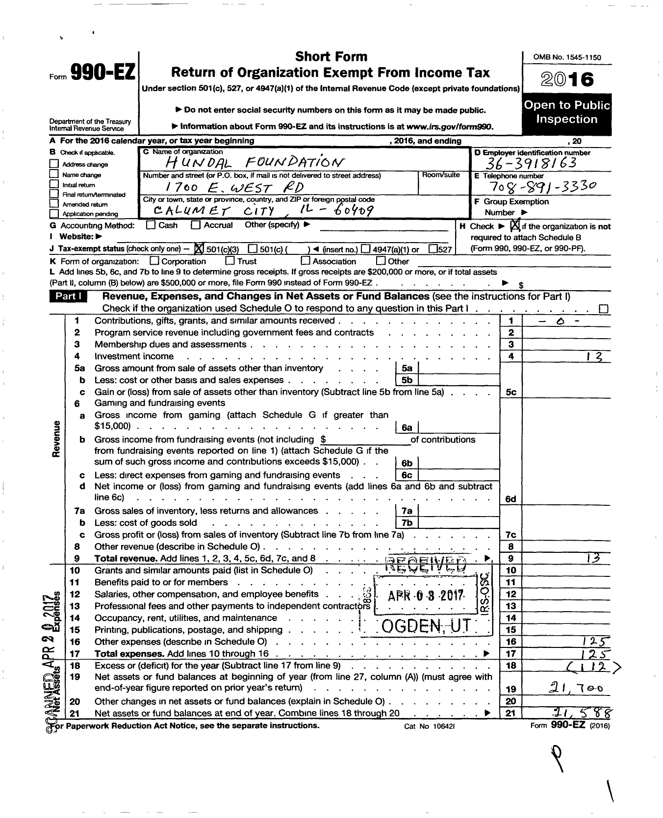 Image of first page of 2016 Form 990EZ for Hundal Foundation